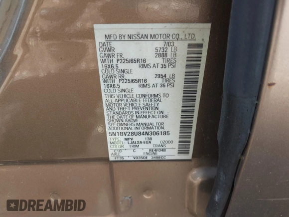 2004 Nissan Quest SE z VIN 5N1BV28U84N306185, wystawiony jako IAAI lot #42200666 z przebiegiem 105 000 mil mil oraz . Historia ofert i sprzedaży dostępna na DreamBid. Obrazek 9.