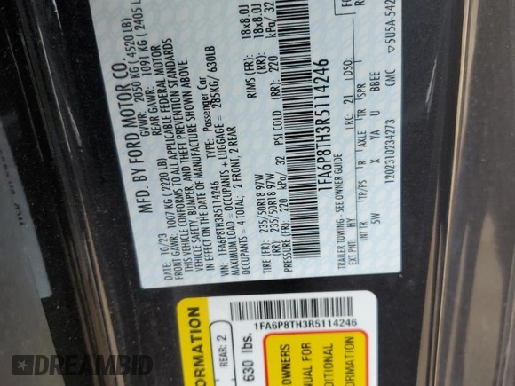 2024 Ford Mustang EcoBoost with VIN 1FA6P8TH3R5114246, listed as a Copart auction lot 60058575 with 12,093 mi miles and Salvage title. Bid and sale history available at DreamBid. Image 12.