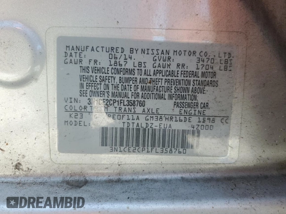 2015 Nissan Note SR with VIN 3N1CE2CP1FL358760, listed as a Copart auction lot 64343595 with 129,730 mi miles and Clean title. Bid and sale history available at DreamBid. Image 12.