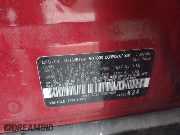 2023 Mitsubishi Outlander ES z VIN JA4J3TA87PZ027620, wystawiony jako IAAI lot #41900551 z przebiegiem 46 477 mil mil oraz . Historia ofert i sprzedaży dostępna na DreamBid. Obrazek 9.