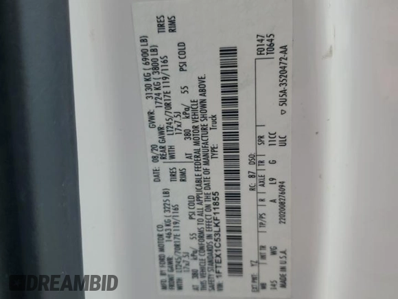 2020 Ford F-150 XL with VIN 1FTEX1C53LKF11855, listed as a Copart auction lot 42399555 with 71,298 mi miles and Salvage title. Bid and sale history available at DreamBid. Image 12.