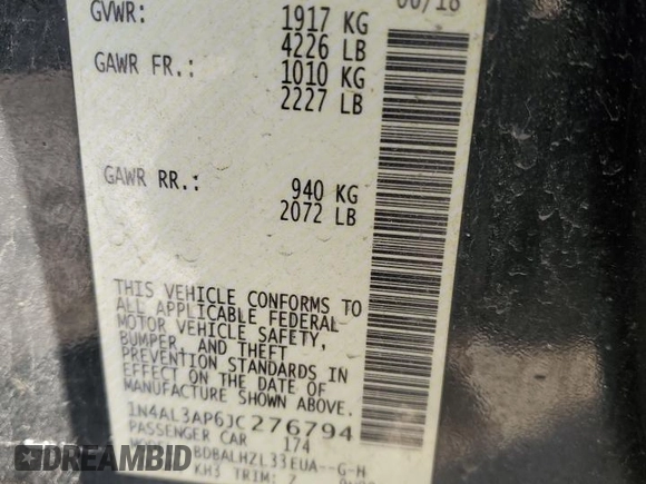 2018 Nissan Altima 2.5 SR with VIN 1N4AL3AP6JC276794, listed as a Copart auction lot 45182885 with 130,986 mi miles and Salvage Title. Bid and sale history available at carsss.com. Image 14.