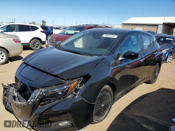 2025 Nissan LEAF SV Plus with VIN 1N4CZ1CV6SC557910, listed as a Copart auction lot 73062344 with 247 mi miles and Salvage Title. Bid and sale history available at carsss.com. Image 1.