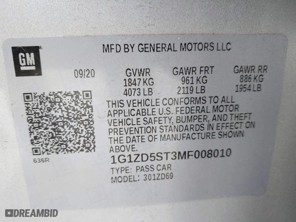 2021 Chevrolet Malibu LT with VIN 1G1ZD5ST3MF008010, listed as a IAAI auction lot 41876299 with 92,958 mi miles. Bid and sale history available at carsss.com. Image 9.