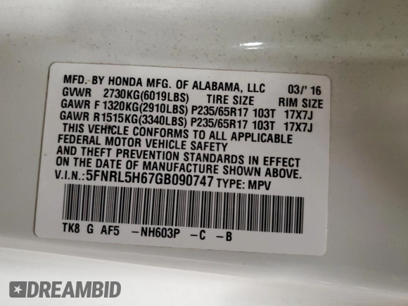 2016 Honda Odyssey EX-L with VIN 5FNRL5H67GB090747, listed as a Copart auction lot 53957235 with 131,464 mi miles and Salvage Title. Bid and sale history available at DreamBid. Image 14.