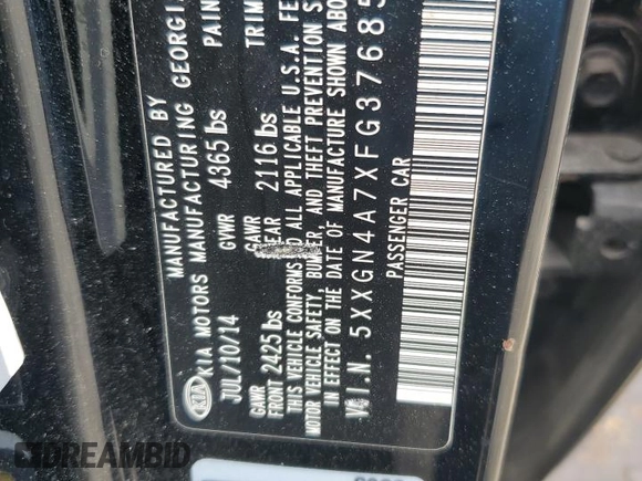 2015 Kia Optima EX z VIN 5XXGN4A7XFG376859, wystawiony jako Copart lot #56936755 z przebiegiem 122 440 mil mil oraz Szkoda całkowita • Salvage title. Historia ofert i sprzedaży dostępna na DreamBid. Obrazek 12.