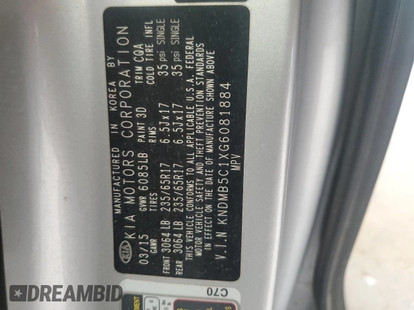 2016 Kia Sedona LX with VIN KNDMB5C1XG6081884, listed as a Copart auction lot 50050535 with 201,457 mi miles and Salvage Title. Bid and sale history available at carsss.com. Image 13.