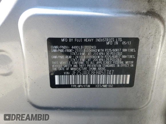 2014 Subaru Forester Premium z VIN JF2SJAGC8EH451747, wystawiony jako Copart lot #51383695 z przebiegiem 104 085 mil mil oraz Szkoda całkowita • Salvage title. Historia ofert i sprzedaży dostępna na DreamBid. Obrazek 14.