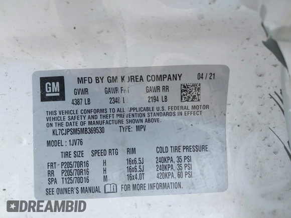 2021 Chevrolet Trax LT with VIN KL7CJPSM5MB369530, listed as a IAAI auction lot 42146885 with 21,906 mi miles and . Bid and sale history available at DreamBid. Image 9.