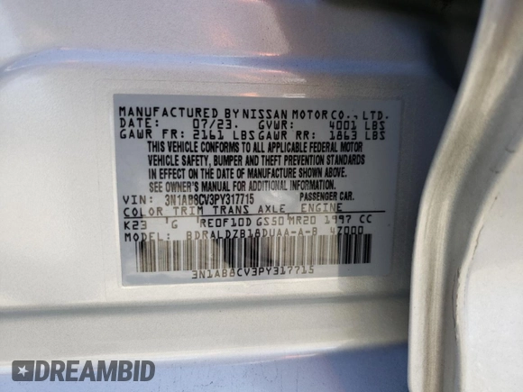 2023 Nissan Sentra SV with VIN 3N1AB8CV3PY317715, listed as a Copart auction lot 54858705 with 25,658 mi miles and Salvage Title. Bid and sale history available at DreamBid. Image 12.