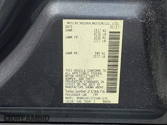 2017 Nissan Altima SV with VIN 1N4AL3AP0HC259676, listed as a IAAI auction lot 41802806 with 178,500 mi miles and . Bid and sale history available at DreamBid. Image 9.