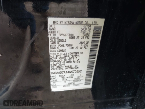 2004 Nissan Titan XE с VIN 1N6AA07A14N570952, выставлен на аукционе IAAI как лот 41412897 с пробегом 268 260 миль миль и . История ставок и продаж доступна на DreamBid. Изображение 9.