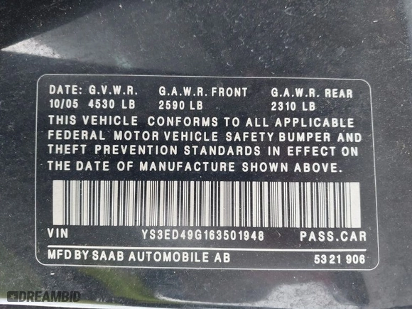 2006 Saab 9-5 with VIN YS3ED49G163501948, listed as a IAAI auction lot 41875398 with 197,052 mi miles. Bid and sale history available at carsss.com. Image 9.