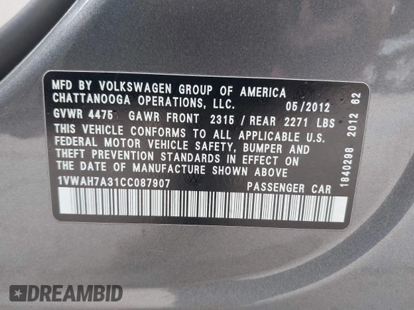 2012 Volkswagen Passat S with VIN 1VWAH7A31CC087907, listed as a IAAI auction lot 42083574 with 185,591 mi miles and . Bid and sale history available at DreamBid. Image 9.
