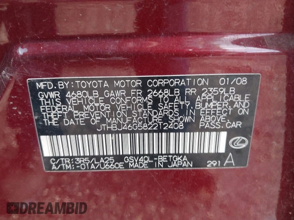 2008 Lexus ES 350 with VIN JTHBJ46G582212408, listed as a IAAI auction lot 41713251 with Not Provided miles. Bid and sale history available at carsss.com. Image 9.