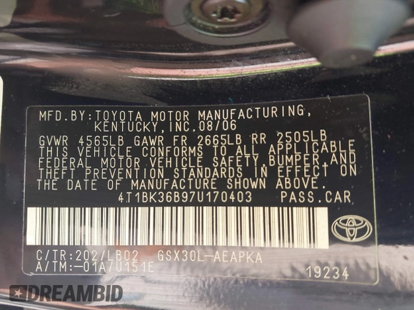 2007 Toyota Avalon XL with VIN 4T1BK36B97U170403, listed as a IAAI auction lot 42084684 with 81,180 mi miles and . Bid and sale history available at DreamBid. Image 9.