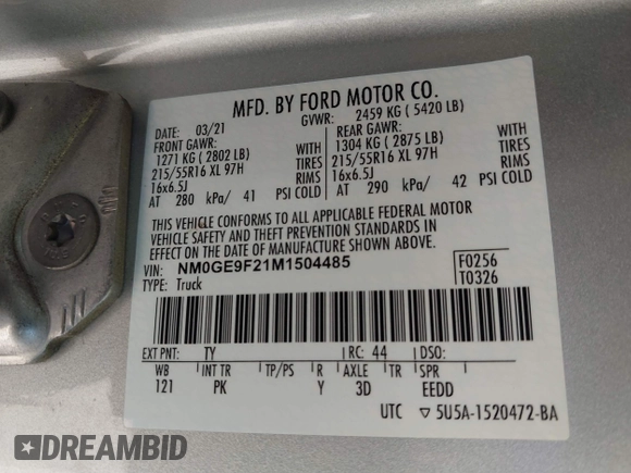 2021 Ford Transit Connect XLT с VIN NM0GE9F21M1504485, выставлен на аукционе IAAI как лот 41635317 с пробегом 62 345 миль миль и . История ставок и продаж доступна на DreamBid. Изображение 9.