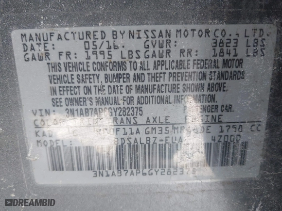 2016 Nissan Sentra SL with VIN 3N1AB7AP6GY282375, listed as a IAAI auction lot 41750092 with 146,437 mi miles. Bid and sale history available at carsss.com. Image 9.