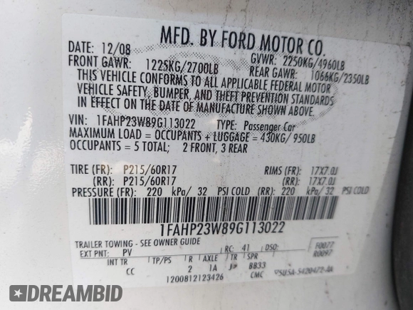2009 Ford Taurus SE with VIN 1FAHP23W89G113022, listed as a IAAI auction lot 42118187 with 135,319 mi miles. Bid and sale history available at carsss.com. Image 9.