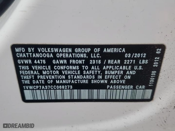 2012 Volkswagen Passat SEL with VIN 1VWCP7A37CC068273, listed as a Copart auction lot 84088624 with 70,672 mi miles and Salvage Title. Bid and sale history available at carsss.com. Image 13.