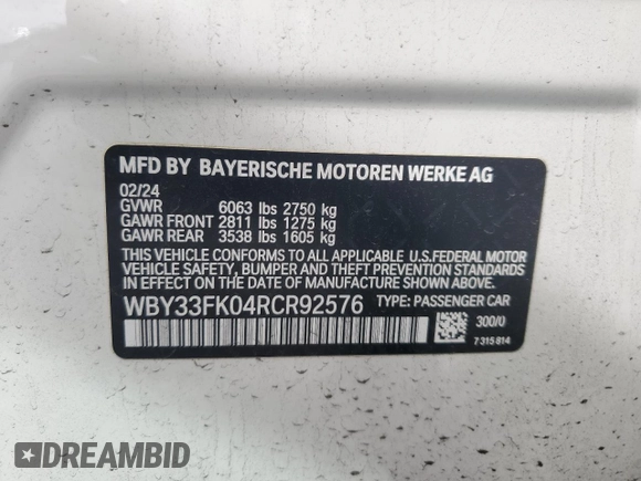 2024 BMW i5 eDrive40 with VIN WBY33FK04RCR92576, listed as a Copart auction lot 51180875 with 11,289 mi miles and Salvage title. Bid and sale history available at DreamBid. Image 12.