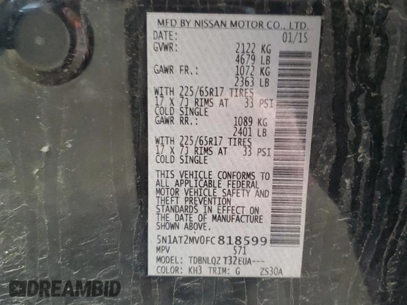 2015 Nissan Rogue SL with VIN 5N1AT2MV0FC818599, listed as a Copart auction lot 54659605 with 143,877 mi miles and Salvage Title. Bid and sale history available at carsss.com. Image 13.