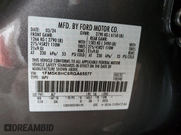 2024 Ford Explorer Platinum with VIN 1FM5K8HC8RGA65577, listed as a Copart auction lot 51620125 with 6,808 mi miles and Salvage Title. Bid and sale history available at carsss.com. Image 13.