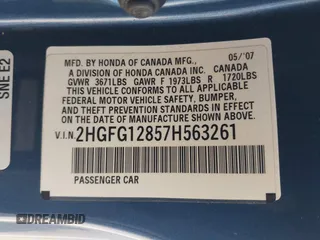 2007 Honda Civic Cpe EX with VIN 2HGFG12857H563261, listed as a IAAI auction lot 42026595 with 225,828 mi miles. Bid and sale history available at carsss.com. Image 9.