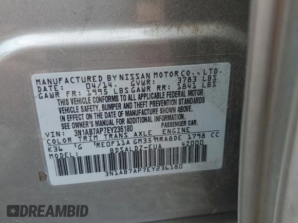 2014 Nissan Sentra SV with VIN 3N1AB7AP7EY236180, listed as a Copart auction lot 65579925 with 107,962 mi miles and Clean title. Bid and sale history available at DreamBid. Image 12.