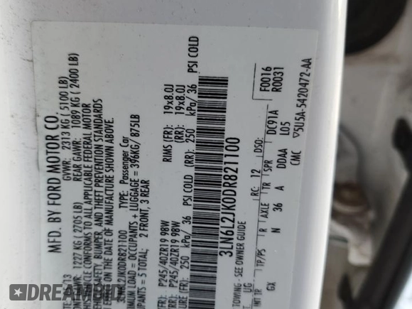 2013 Lincoln MKZ with VIN 3LN6L2JK0DR821100, listed as a Copart auction lot 89346085 with 133,983 mi miles and Salvage Title. Bid and sale history available at DreamBid. Image 13.