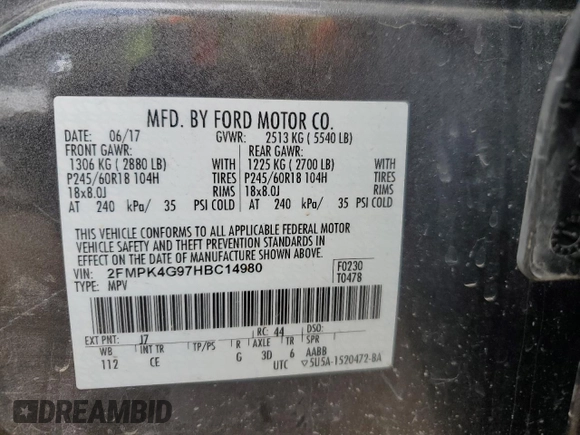 2017 Ford Edge SE with VIN 2FMPK4G97HBC14980, listed as a Copart auction lot 57158765 with 161,912 mi miles and Clean title. Bid and sale history available at DreamBid. Image 14.