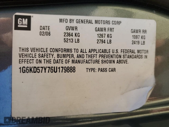 2006 Cadillac DTS 1SD z VIN 1G6KD57Y76U179888, wystawiony jako Copart lot #47218125 z przebiegiem 181 683 mil mil oraz Szkoda całkowita • Salvage title. Historia ofert i sprzedaży dostępna na DreamBid. Obrazek 12.