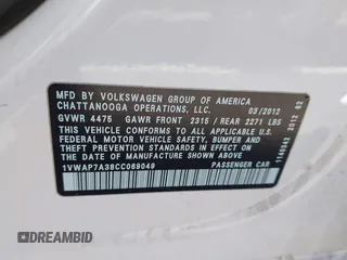 2012 Volkswagen Passat S with VIN 1VWAP7A38CC069049, listed as a IAAI auction lot 41422455 with 143,774 mi miles and . Bid and sale history available at DreamBid. Image 9.