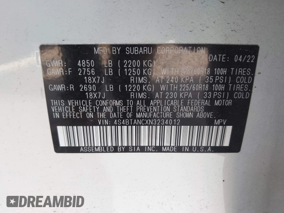 2022 Subaru Outback Limited with VIN 4S4BTANCXN3234012, listed as a IAAI auction lot 41937554 with 29,476 mi miles and . Bid and sale history available at DreamBid. Image 9.