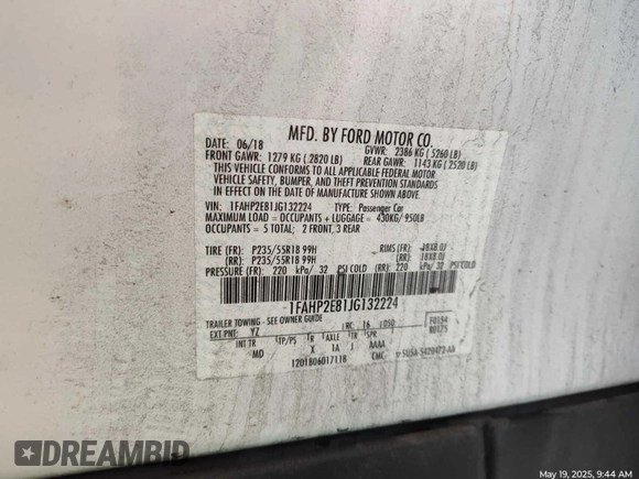 2018 Ford Taurus SEL with VIN 1FAHP2E81JG132224, listed as a IAAI auction lot 42759057 with 70,504 mi miles and . Bid and sale history available at DreamBid. Image 1.