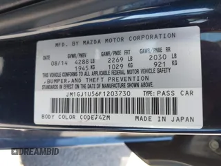 2015 Mazda 6 i Sport with VIN JM1GJ1U56F1203730, listed as a IAAI auction lot 41848281 with 93,150 mi miles. Bid and sale history available at carsss.com. Image 9.