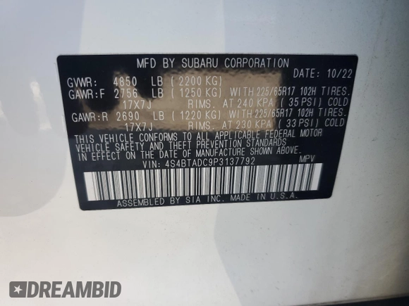 2023 Subaru Outback Premium с VIN 4S4BTADC9P3137792, выставлен на аукционе Copart как лот 62466655 с пробегом Не указан миль и Списание • Salvage title. История ставок и продаж доступна на DreamBid. Изображение 14.
