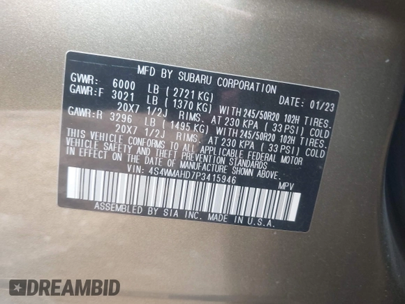 2023 Subaru Ascent Onyx with VIN 4S4WMAHD7P3415946, listed as a IAAI auction lot 42538481 with 32,934 mi miles and . Bid and sale history available at DreamBid. Image 9.