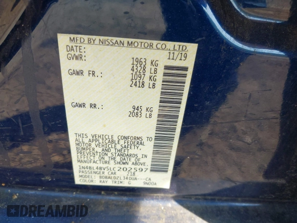 2020 Nissan Altima 2.5 S with VIN 1N4BL4BV5LC202597, listed as a IAAI auction lot 39651394 with 77,726 mi miles. Bid and sale history available at carsss.com. Image 9.