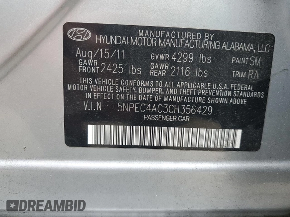 2012 Hyundai Sonata 2.4L Limited PZEV with VIN 5NPEC4AC3CH356429, listed as a Copart auction lot 51300595 with 154,298 mi miles and Salvage Title. Bid and sale history available at carsss.com. Image 12.