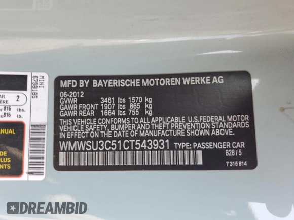 2012 MINI Hardtop with VIN WMWSU3C51CT543931, listed as a Copart auction lot 57533695 with 89,206 mi miles and Clean Title. Bid and sale history available at DreamBid. Image 13.