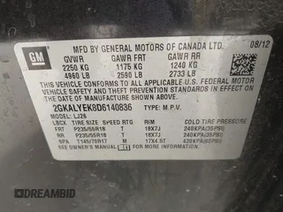 2013 GMC Terrain Denali with VIN 2GKALYEK8D6140836, listed as a IAAI auction lot 41935926 with 183,415 mi miles and . Bid and sale history available at carsss.com. Image 9.