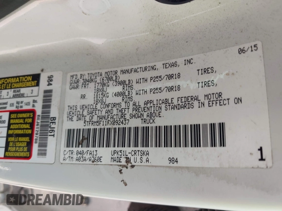 2015 Toyota Tundra SR с VIN 5TFRM5F11FX092437, выставлен на аукционе IAAI как лот 37873233 с пробегом 121 920 миль миль и . История ставок и продаж доступна на DreamBid. Изображение 9.