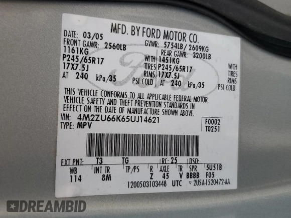 2005 Mercury Mountaineer z VIN 4M2ZU66K65UJ14621, wystawiony jako Copart lot #86559544 z przebiegiem 130 871 mil mil oraz Szkoda całkowita • Salvage title. Historia ofert i sprzedaży dostępna na DreamBid. Obrazek 13.
