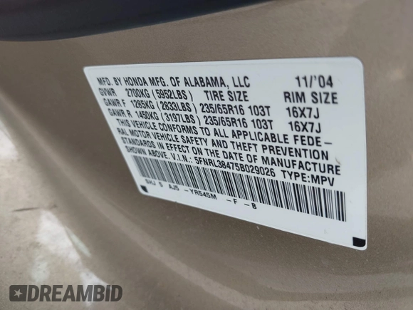 2005 Honda Odyssey EX with VIN 5FNRL38475B029026, listed as a IAAI auction lot 42489079 with 156,075 mi miles and . Bid and sale history available at DreamBid. Image 9.