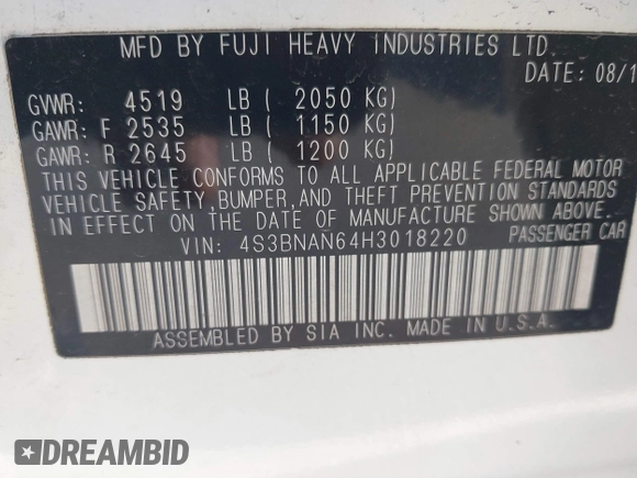 2017 Subaru Legacy Limited with VIN 4S3BNAN64H3018220, listed as a IAAI auction lot 41763482 with 119,508 mi miles. Bid and sale history available at carsss.com. Image 9.