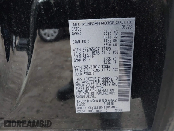 2023 Nissan Frontier PRO-4X with VIN 1N6ED1EK5PN658692, listed as a IAAI auction lot 41844237 with 50,358 mi miles. Bid and sale history available at carsss.com. Image 9.