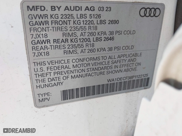 2023 Audi Q3 S line Premium with VIN WA1DECF38P1122125, listed as a IAAI auction lot 41627017 with 28,747 mi miles. Bid and sale history available at carsss.com. Image 9.
