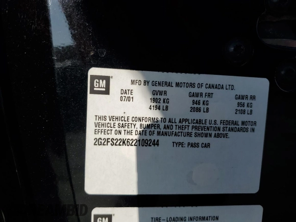 2002 Pontiac Firebird Firebird with VIN 2G2FS22K622109244, listed as a Copart auction lot 83372394 with Not provided miles and Salvage title. Bid and sale history available at DreamBid. Image 14.