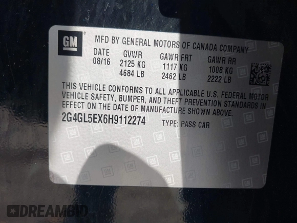 2017 Buick Regal Sport Touring with VIN 2G4GL5EX6H9112274, listed as a IAAI auction lot 42456608 with 161,594 mi miles and . Bid and sale history available at DreamBid. Image 9.